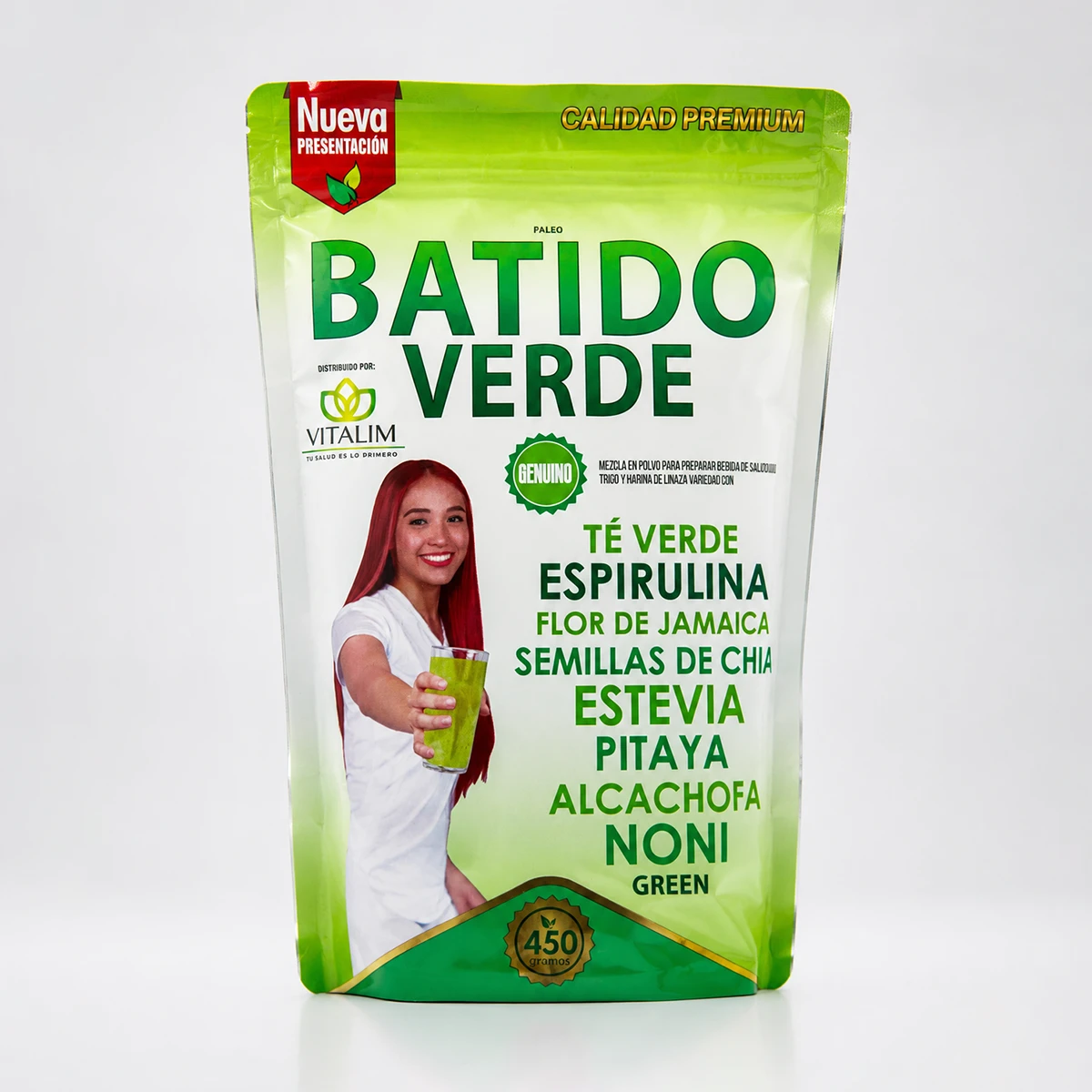 Batido Verde Vitalim 450 gramos con té verde, espirulina, semillas de chía, alcachofa y noni en presentación original.