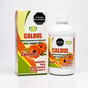 Caldul Caléndula 400 ml bebida concentrada con pectina, agraz, amalaki y acaí en presentación de botella y caja original.