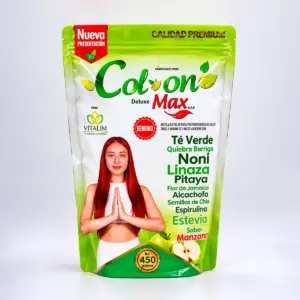 Colón Max Deluxe sabor manzana 450 gramos con té verde, linaza, noni, espirulina y alcachofa en presentación original.