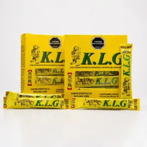 KLG concentrado de frutas con borojó, chontaduro y maca en presentación de sachets individuales y caja original.