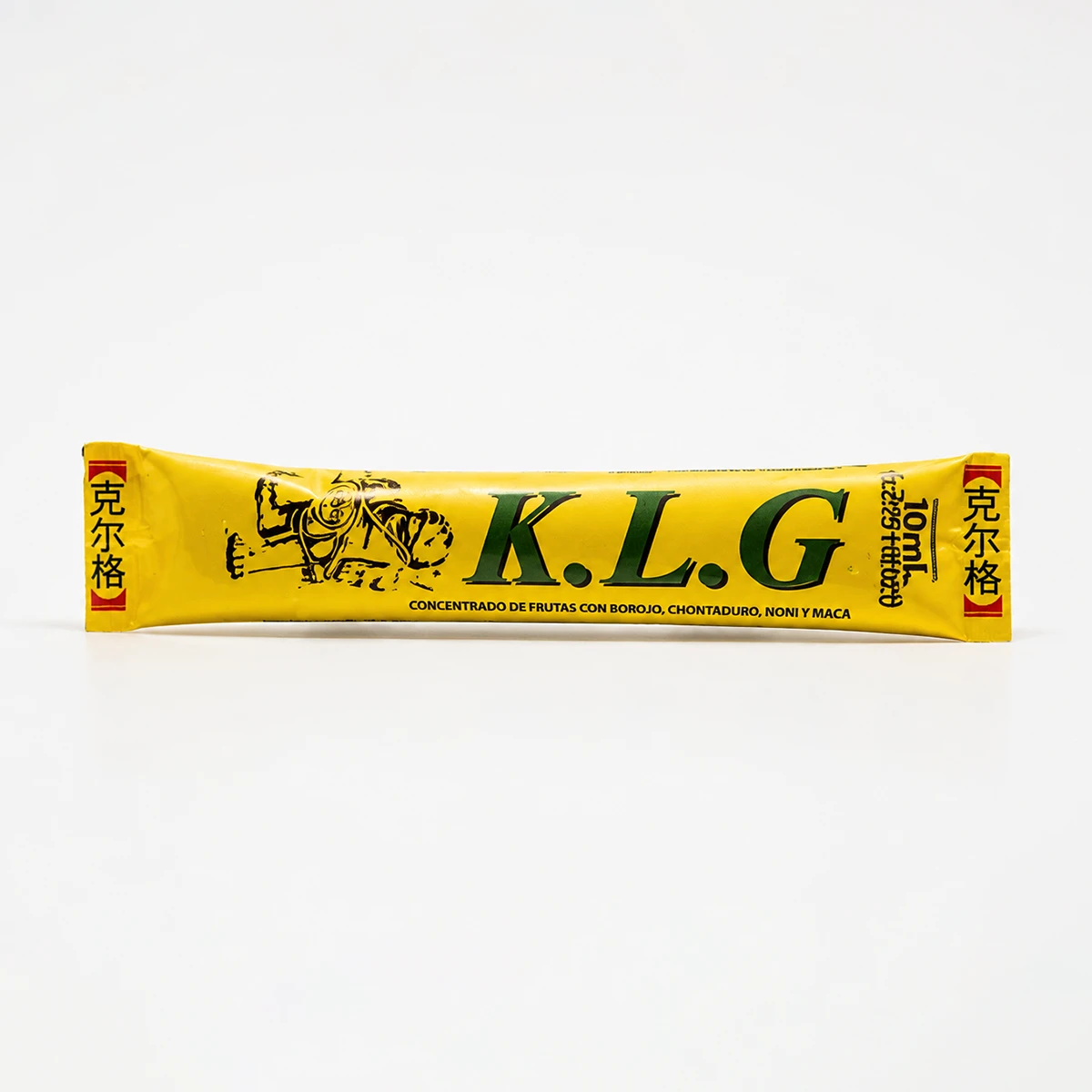 KLG sachet concentrado de frutas con borojó, chontaduro y maca en presentación individual.